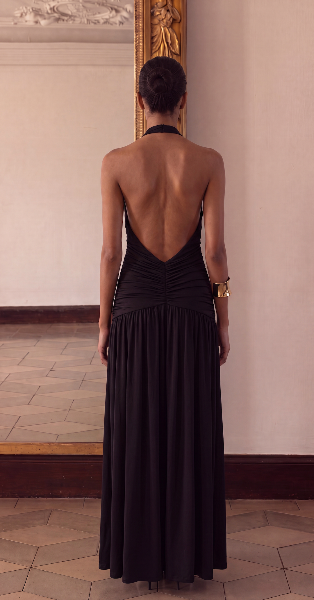 Elysia | Women's Plunging Halter Ruched Maxi Dress