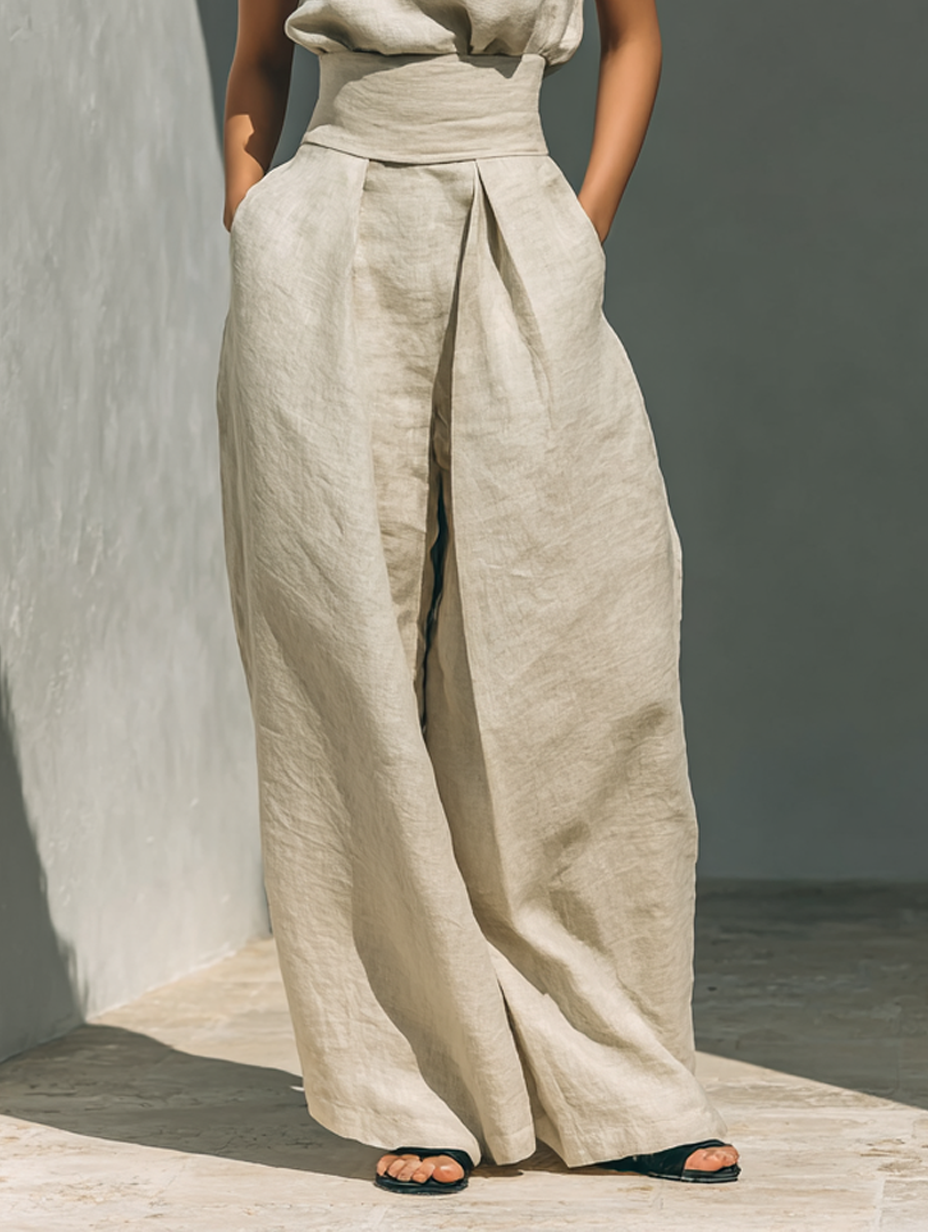 Beige Faux Cotton Linen Blend Sleeveless Top And Wide Leg Pants Set