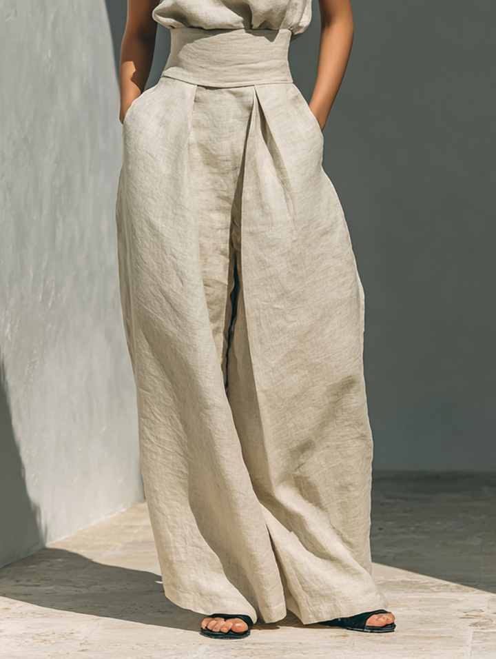Beige Faux Cotton Linen Blend Sleeveless Top And Wide Leg Pants Set