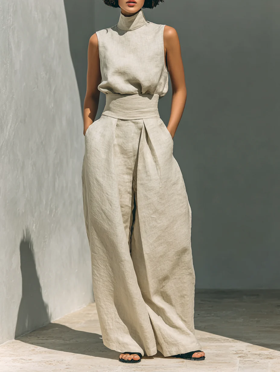 Beige Faux Cotton Linen Blend Sleeveless Top And Wide Leg Pants Set