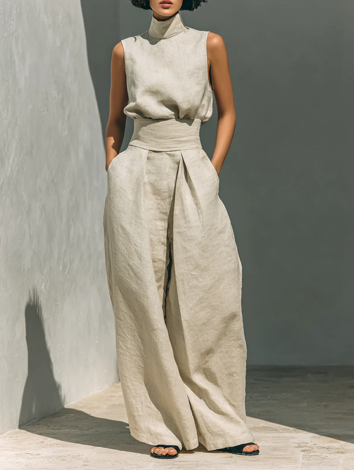 Beige Faux Cotton Linen Blend Sleeveless Top And Wide Leg Pants Set