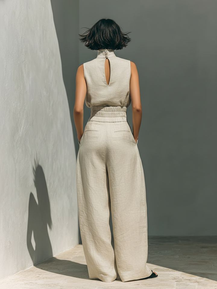 Beige Faux Cotton Linen Blend Sleeveless Top And Wide Leg Pants Set