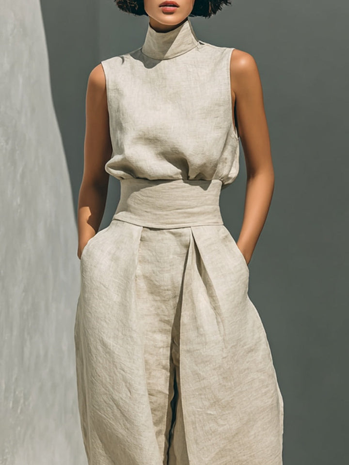 Beige Faux Cotton Linen Blend Sleeveless Top And Wide Leg Pants Set