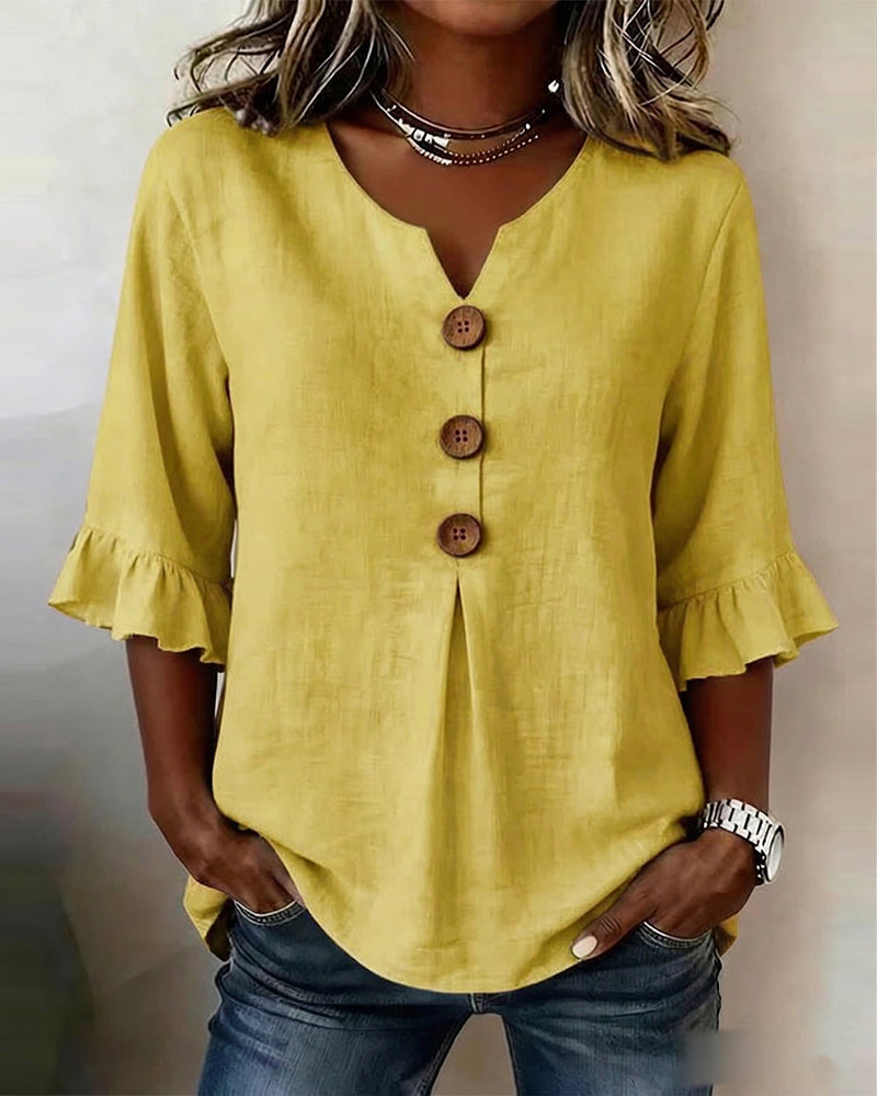 Solid Color Cotton Linen Blouse with Buttons and Ruffles