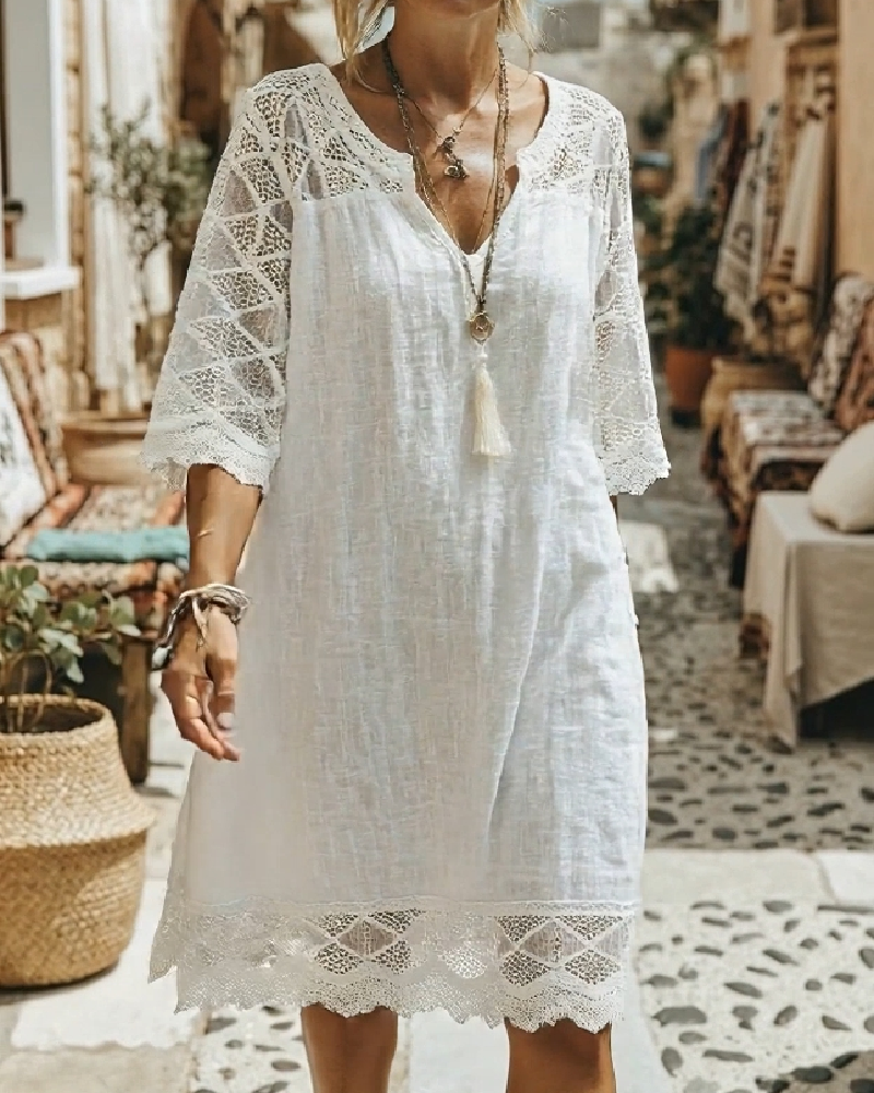Casual V-Neck Lace Patchwork Dress
