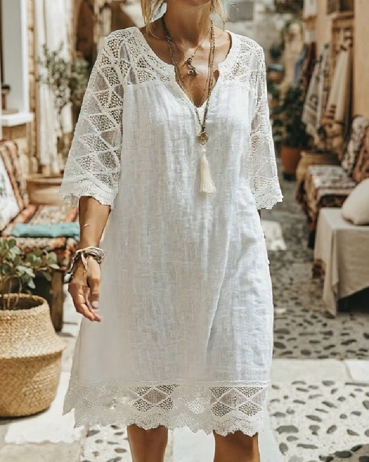 Casual V-Neck Lace Patchwork Dress