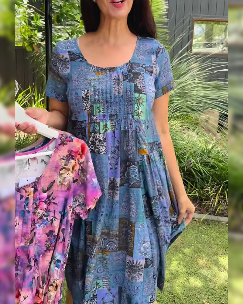Round Neck Pleated Printed Dress