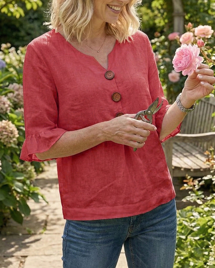 Solid Color Cotton Linen Blouse with Buttons and Ruffles