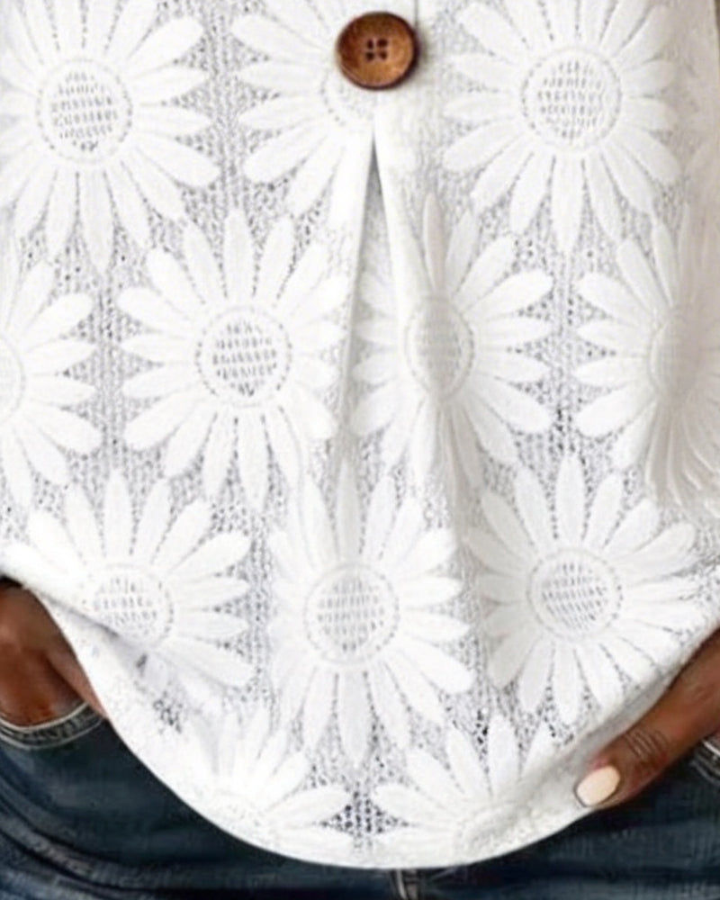 Blouse with Ruched Daisy Pattern and Ruffled Sleeves