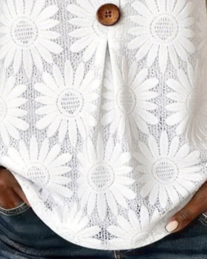 Blouse with Ruched Daisy Pattern and Ruffled Sleeves