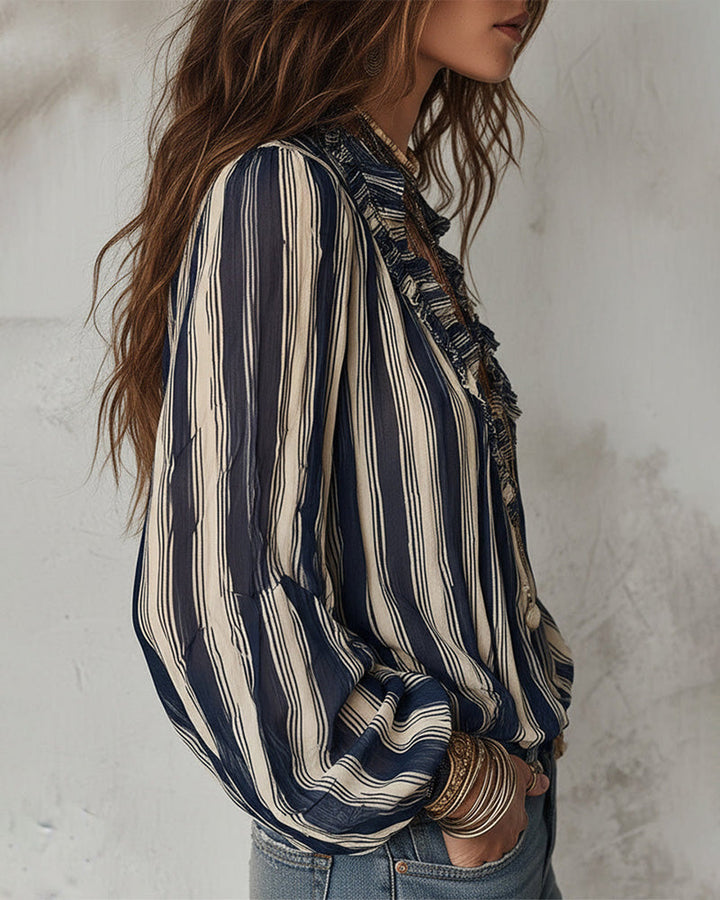 Blouse Deep V Vertical Striped Loose