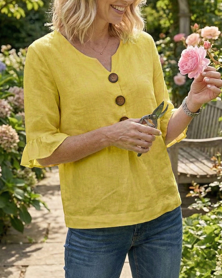 Solid Color Cotton Linen Blouse with Buttons and Ruffles
