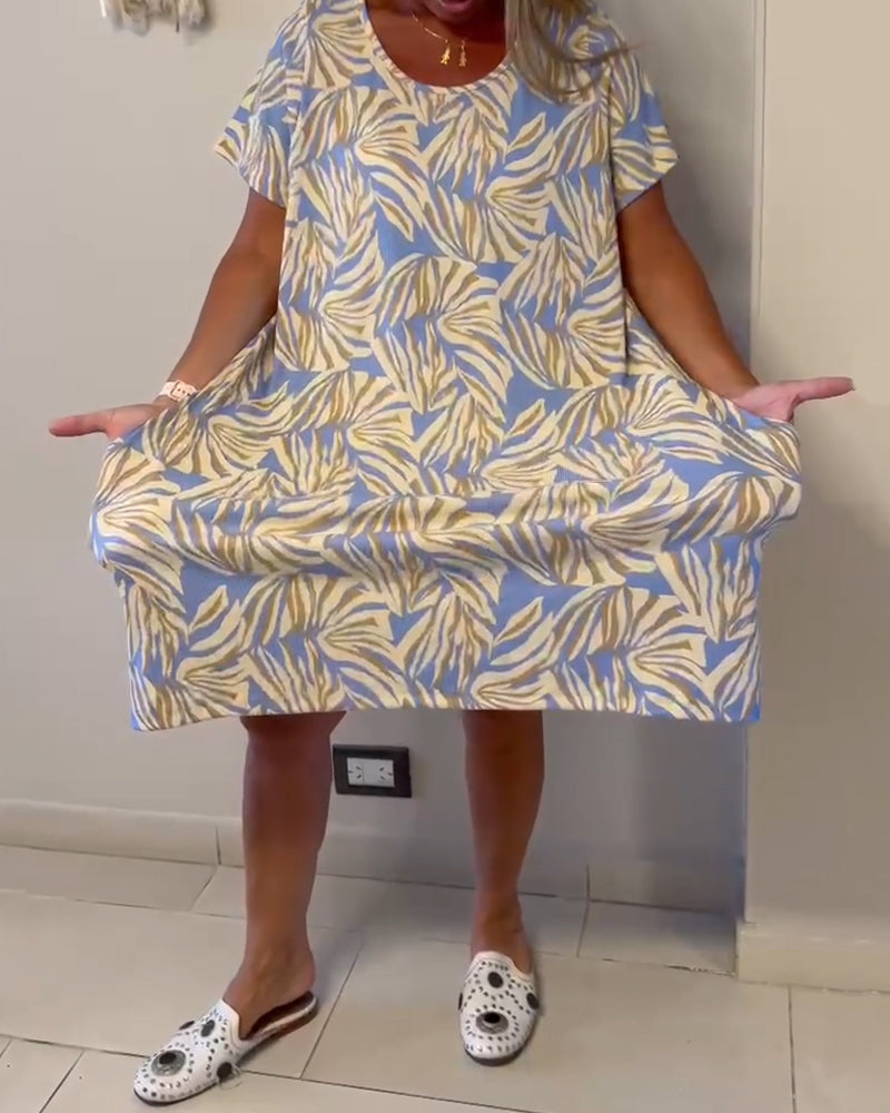 Dress Short Sleeve Abstract Print Loose