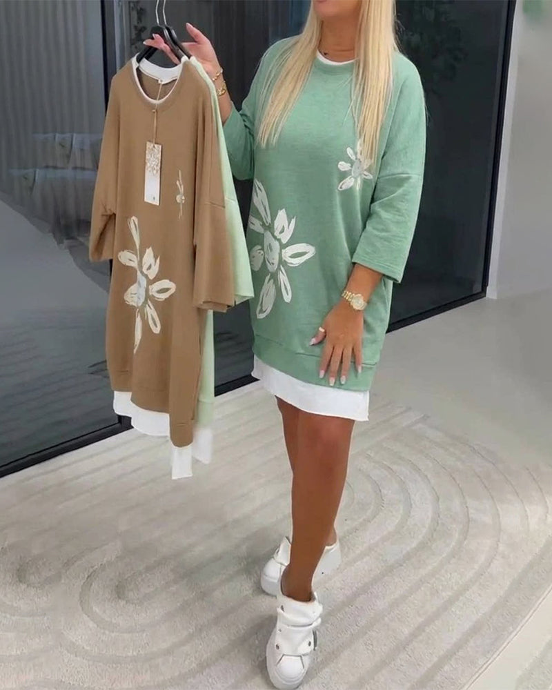 Sweatshirt Dress Round Neck Printed Patchwork
