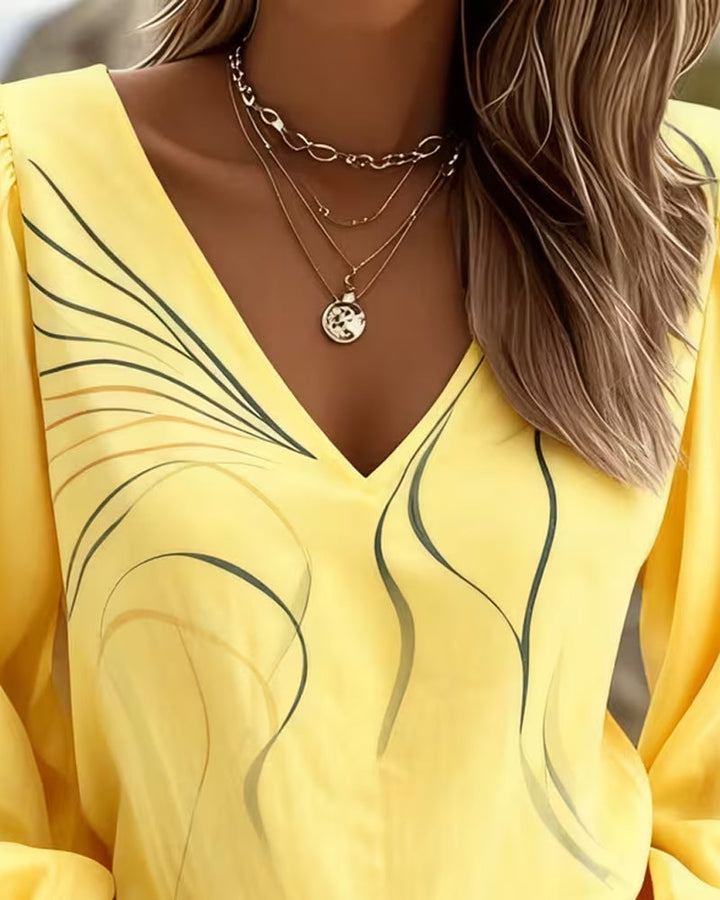 Blouse V-neck Line Printed Puff Sleeve