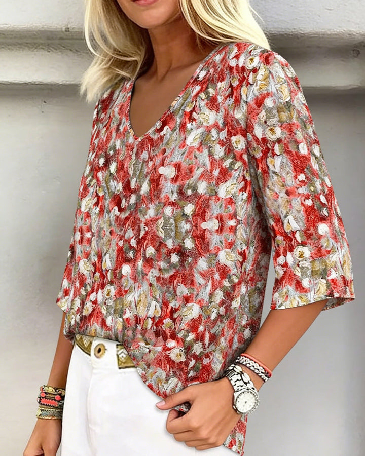 Floral Print Blouse V-Neck Three-Quarter Sleeve
