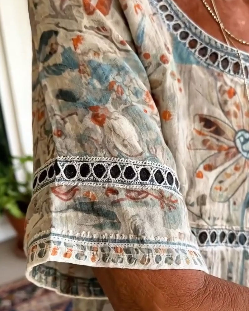 Cut-Out Top with Round Neck Print