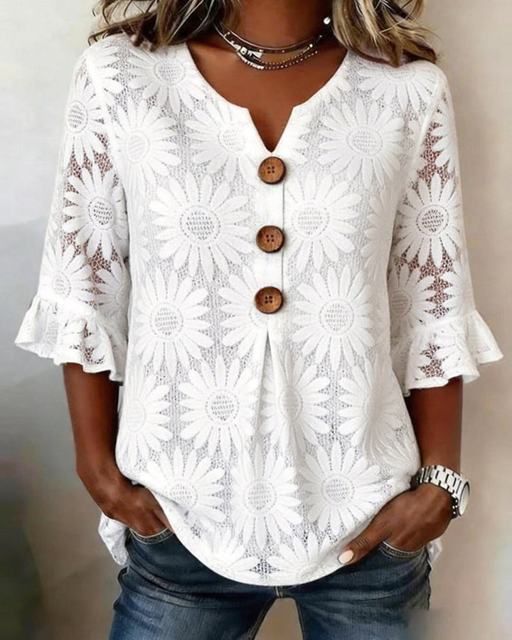 Blouse with Ruched Daisy Pattern and Ruffled Sleeves