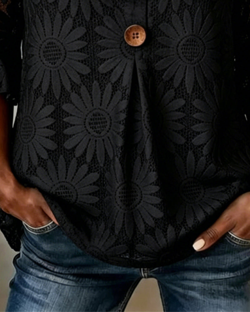 Blouse with Ruched Daisy Pattern and Ruffled Sleeves