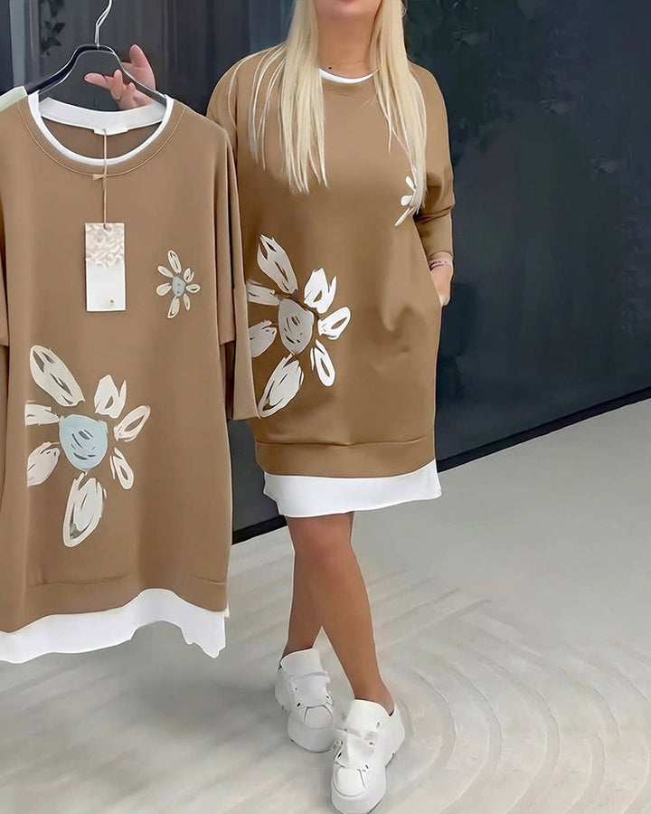 Sweatshirt Dress Round Neck Printed Patchwork