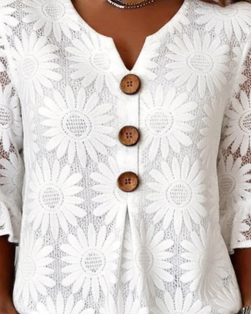 Blouse with Ruched Daisy Pattern and Ruffled Sleeves