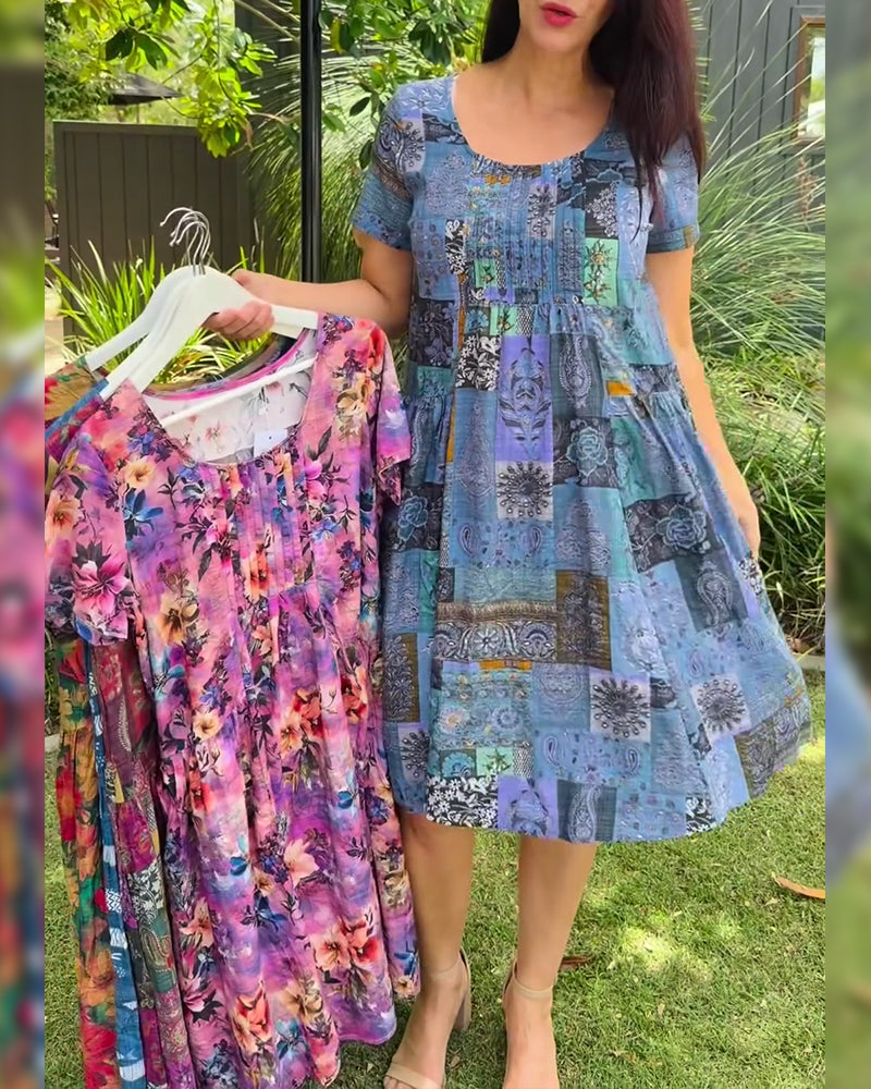 Round Neck Pleated Printed Dress