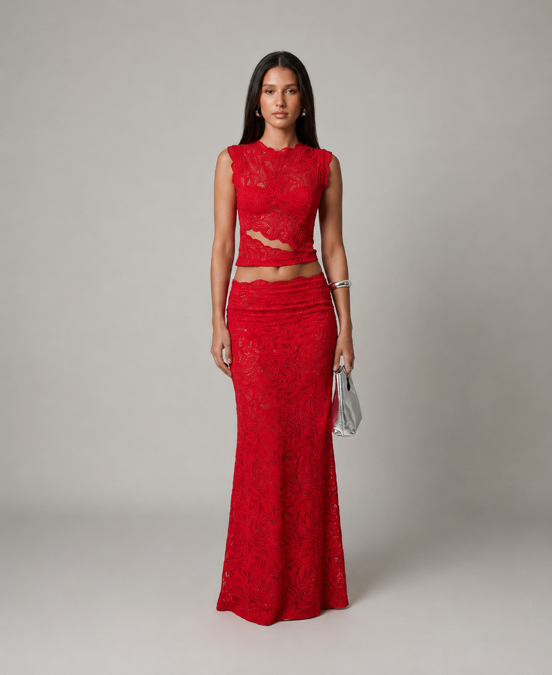 Floral Lace Crop Top and Maxi Skirt Sleeveless Two-Piece Set