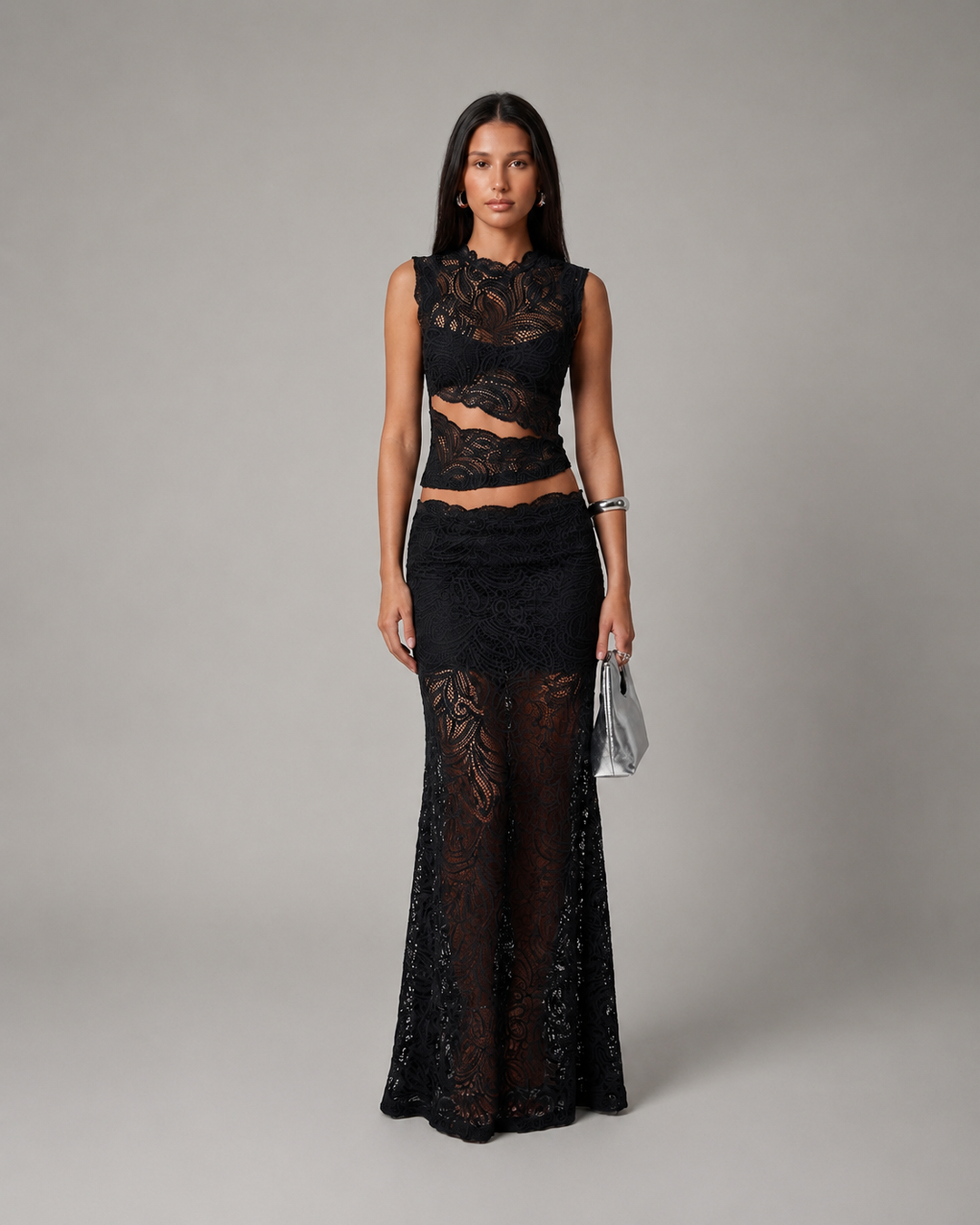 Floral Lace Crop Top and Maxi Skirt Sleeveless Two-Piece Set