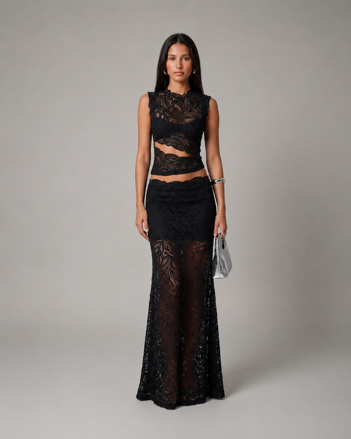 Floral Lace Crop Top and Maxi Skirt Sleeveless Two-Piece Set