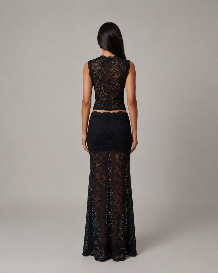 Floral Lace Crop Top and Maxi Skirt Sleeveless Two-Piece Set